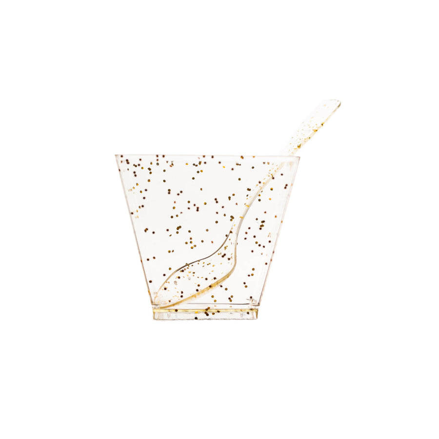 24 Pack | 2oz Gold Glittered Clear Disposable Square Snack Bowl and Spoon Set#whtbkgd