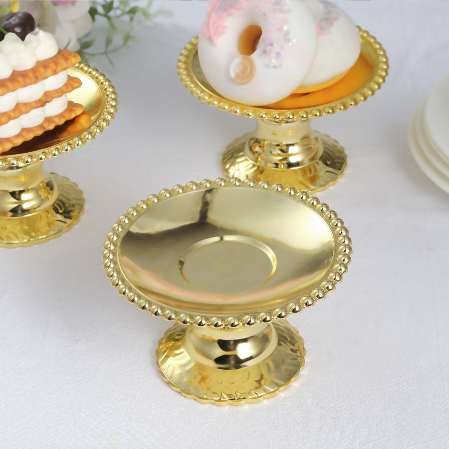 12 Pack | 5inch Gold Mirror Finish Mini Plastic Pedestal Cake Stands With Beaded Rim