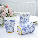 24 Pack | 9oz Blue Chinoiserie Floral Paper Cups with Gold Rim, Elegant Disposable Party Cups