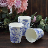 24 Pack | 9oz Blue Chinoiserie Floral Paper Cups with Gold Rim, Elegant Disposable Party Cups