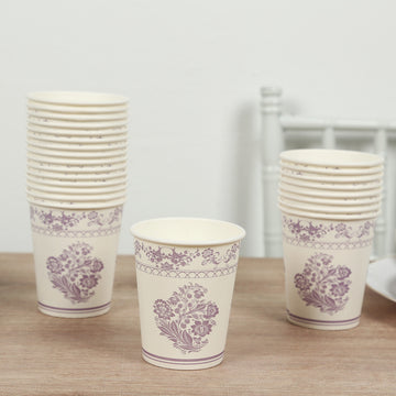 24 Pack Disposable Paper Cups in White Lavender Damask Floral Pattern, Elegant Party Cups - 9oz