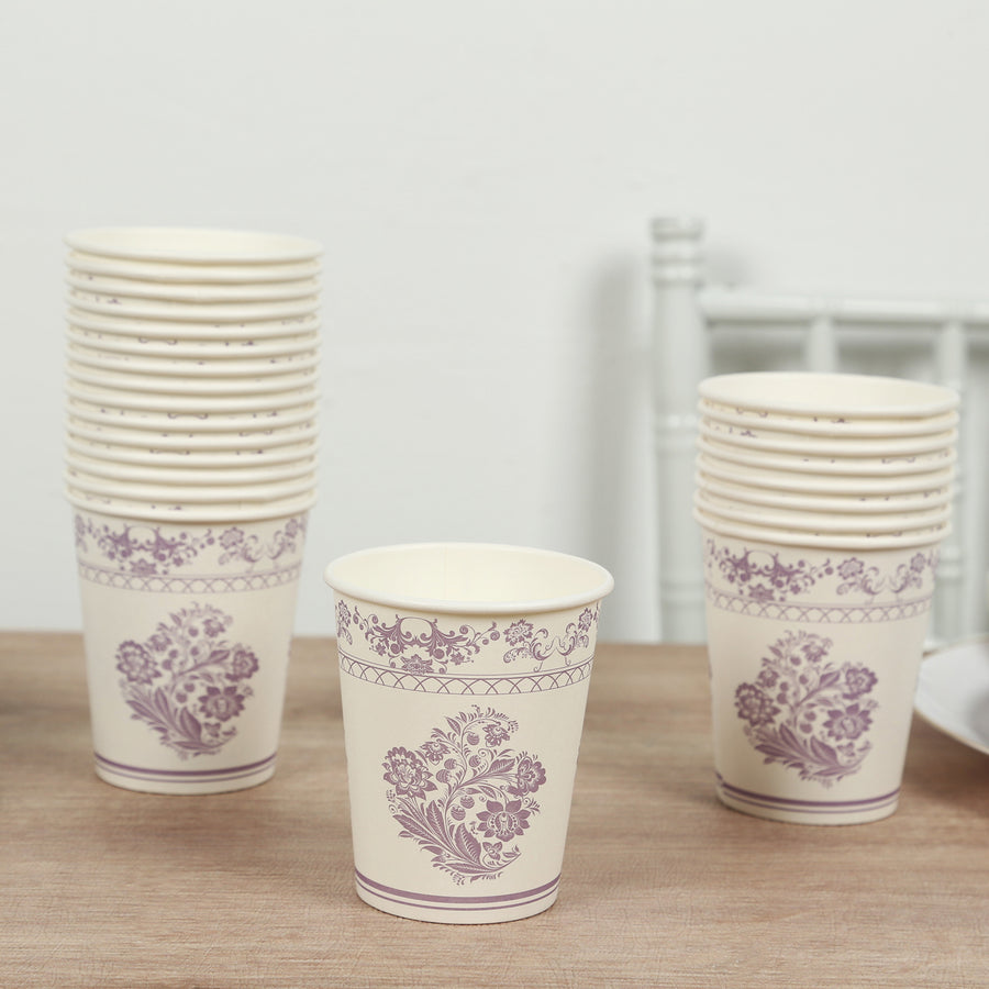 24 Pack Disposable Paper Cups in White Lavender Damask Floral Pattern, Elegant Party Cups