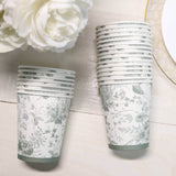 24 Pack White Sage Green French Toile Party Cups, Elegant Disposable Paper Cups