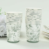 24 Pack White Sage Green French Toile Party Cups, Elegant Disposable Paper Cups