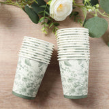 24 Pack White Sage Green French Toile Party Cups, Elegant Disposable Paper Cups