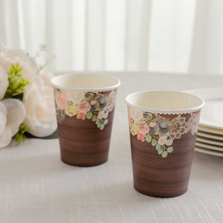 Charming Brown Wood and Floral Lace Print Party Cups