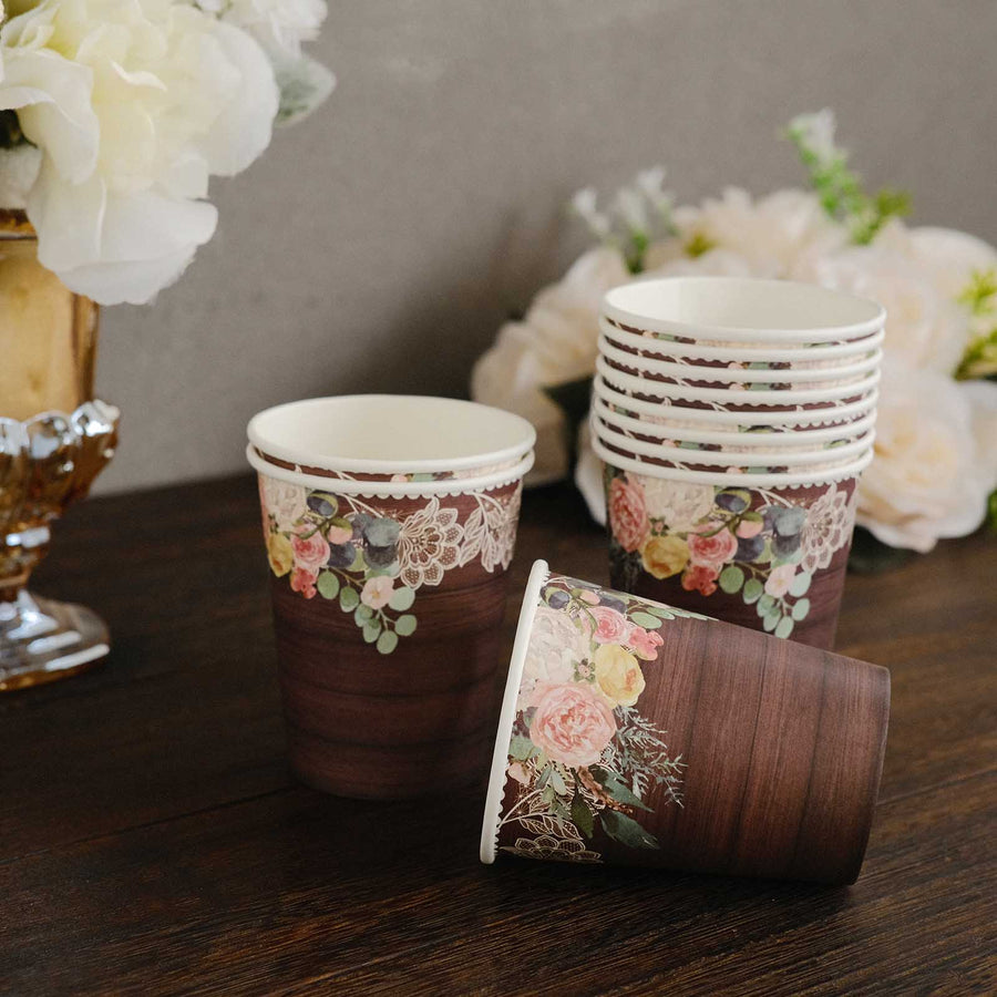 24 Pack Brown Rustic Wood Print Disposable Party Cups with Floral Lace Rim, 9oz Paper Cups