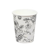 50-Pack Paper Cups in White with Black French Toile Print - Stylish Disposable Floral#whtbkgd