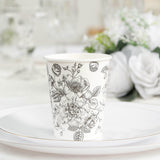 50-Pack Paper Cups in White with Black French Toile Print - Stylish Disposable Floral Party Cups