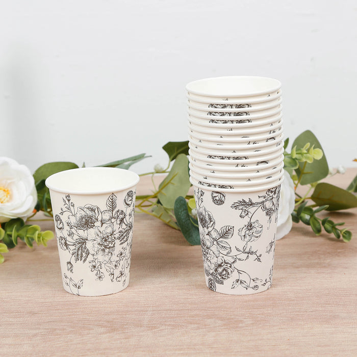 50-Pack Paper Cups in White with Black French Toile Print - Stylish Disposable Floral Party Cups