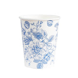 50-Pack Paper Cups in White with Blue French Toile Print - Stylish Disposable Floral#whtbkgd