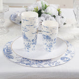 50-Pack Paper Cups in White with Blue French Toile Print - Stylish Disposable Floral Party Cups