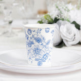 50-Pack Paper Cups in White with Blue French Toile Print - Stylish Disposable Floral Party Cups