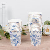 50-Pack Paper Cups in White with Blue French Toile Print - Stylish Disposable Floral Party Cups