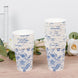 50-Pack Paper Cups in White with Blue French Toile Print - Stylish Disposable Floral Party Cups