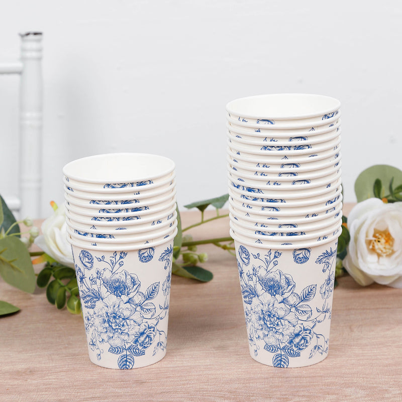 Blue floral paper cups stacked in two sizes