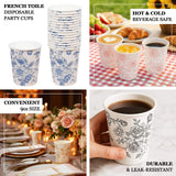 French toile disposable party cups, 9oz size, hot & cold beverage safe, durable & leak-resistant.