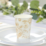 24 Pack 9oz French Toile Party Cups, White Gold Elegant Disposable Paper Cups