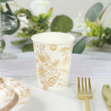 24 Pack 9oz French Toile Party Cups, White Gold Elegant Disposable Paper Cups