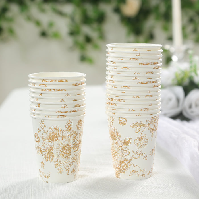 24 Pack 9oz French Toile Party Cups, White Gold Elegant Disposable Paper Cups