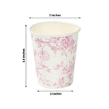 24 Pack 9oz French Toile Party Cups, White Pink Elegant Disposable Paper Cups