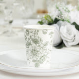 50-Pack Paper Cups in White with Sage Green French Toile Print - Stylish Disposable Floral Party Cup