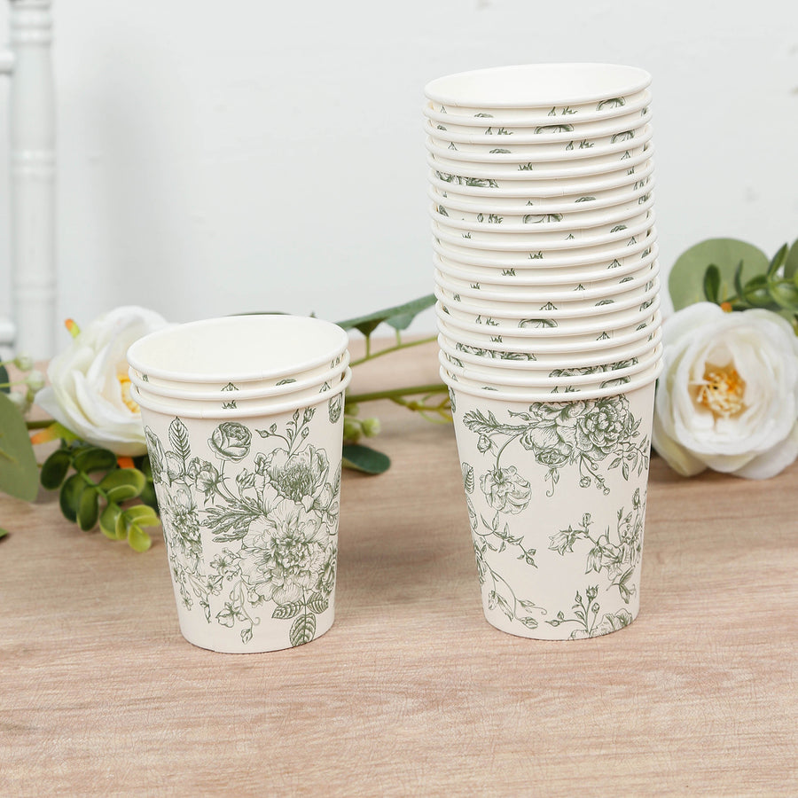 50-Pack Paper Cups in White with Sage Green French Toile Print - Stylish Disposable Floral Party Cup