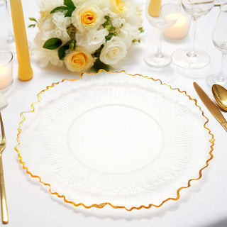 Elegant clear plate with gold rim, perfect for upscale dining.