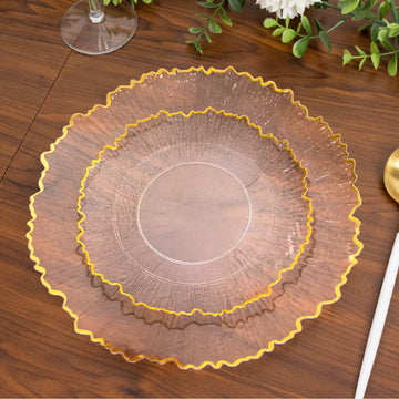 20 Pack 7" Plastic Dessert Plates – Clear Reef Design with Gold Rim, Appetizer and Salad Party Plates – Elegant Disposable Tableware