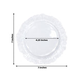 Clear plastic plate with ruffled edge, 7 inches in diameter.