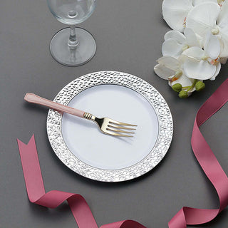 Elegant White Hammered Design Plastic Salad Plates with Silver Rim