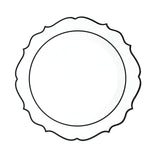 10-Pack Plastic 8inch Round Dessert Plates in Clear with Black Scalloped Rim#whtbkgd