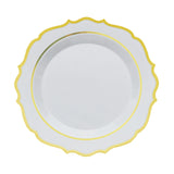 8inch White Plastic Dessert Salad Plates, Disposable Tableware Round With Gold Scalloped Rim#whtbkgd