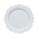 White Plastic Dessert Salad Plates, Disposable Tableware Round With Silver Scalloped Rim#whtbkgd