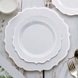 8inch White Plastic Dessert Salad Plates, Disposable Tableware Round With Silver Scalloped Rim