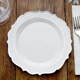 8inch White Plastic Dessert Salad Plates, Disposable Tableware Round With Silver Scalloped Rim