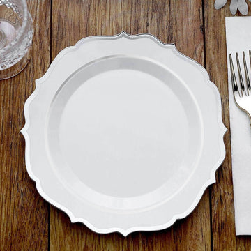 10-Pack Plastic 8" Round Desert Plates in White with Silver Scalloped Rim - Disposable Appetizer/Salad Plates