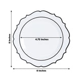 10-Pack Plastic 8inch Round Dessert Plates in White with Black Scalloped Rim - Disposable