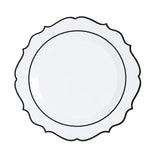 10-Pack Plastic 8inch Round Dessert Plates in White with Black Scalloped Rim - Disposable#whtbkgd