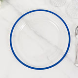 10 Pack Clear Regal Disposable Party Plates With Blue Rim, 10inch Round Plastic Dinner Plates