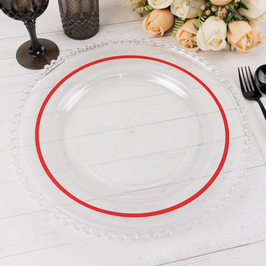 10 Pack Clear Regal Disposable Party Plates With Red Rim, 10inch Round Plastic Dinner