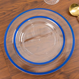 10 Pack Clear Regal Disposable Salad Plates With Blue Rim, 7inch Round Plastic Appetizer Dessert