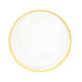 10-Pack Plastic 7inch Round Appetizer Plates in Clear with Gold Rim#whtbkgd