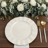10-Pack Plastic 11inch Round Dinner Plates in Pearl White Ruffled Rim with Gold Edging
