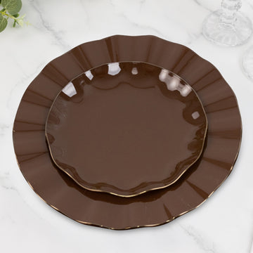 10 Pack 6" Heavy Duty Disposable Salad Plates with Gold Ruffled Rim, Heavy Duty Cinnamon Brown Disposable Appetizer Dessert Dinnerware