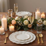 10-Pack Plastic Round 6inch Dessert Plates in Pearl White Ruffled Rim with Gold Edging