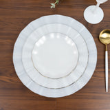 10-Pack Plastic Round 6inch Dessert Plates in Pearl White Ruffled Rim with Gold Edging