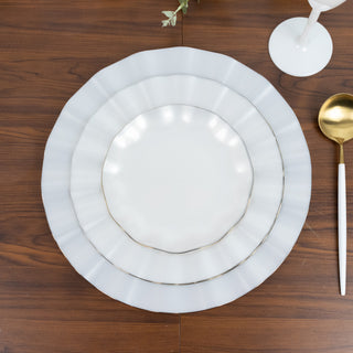 10-Pack Plastic Round 6inch Dessert Plates in Pearl White Ruffled Rim with Gold Edging