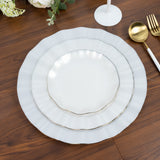 10-Pack Plastic Round 6inch Dessert Plates in Pearl White Ruffled Rim with Gold Edging