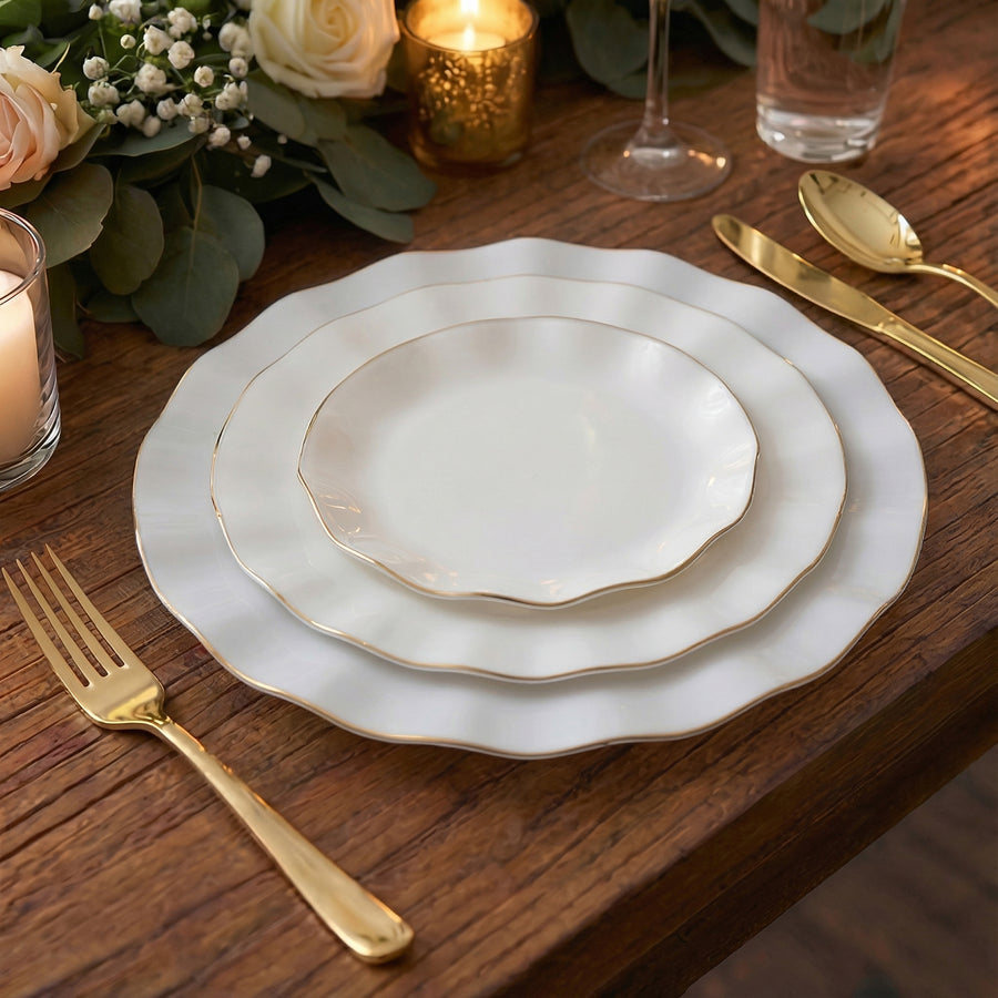 10-Pack Plastic Round 6inch Dessert Plates in Pearl White Ruffled Rim with Gold Edging
